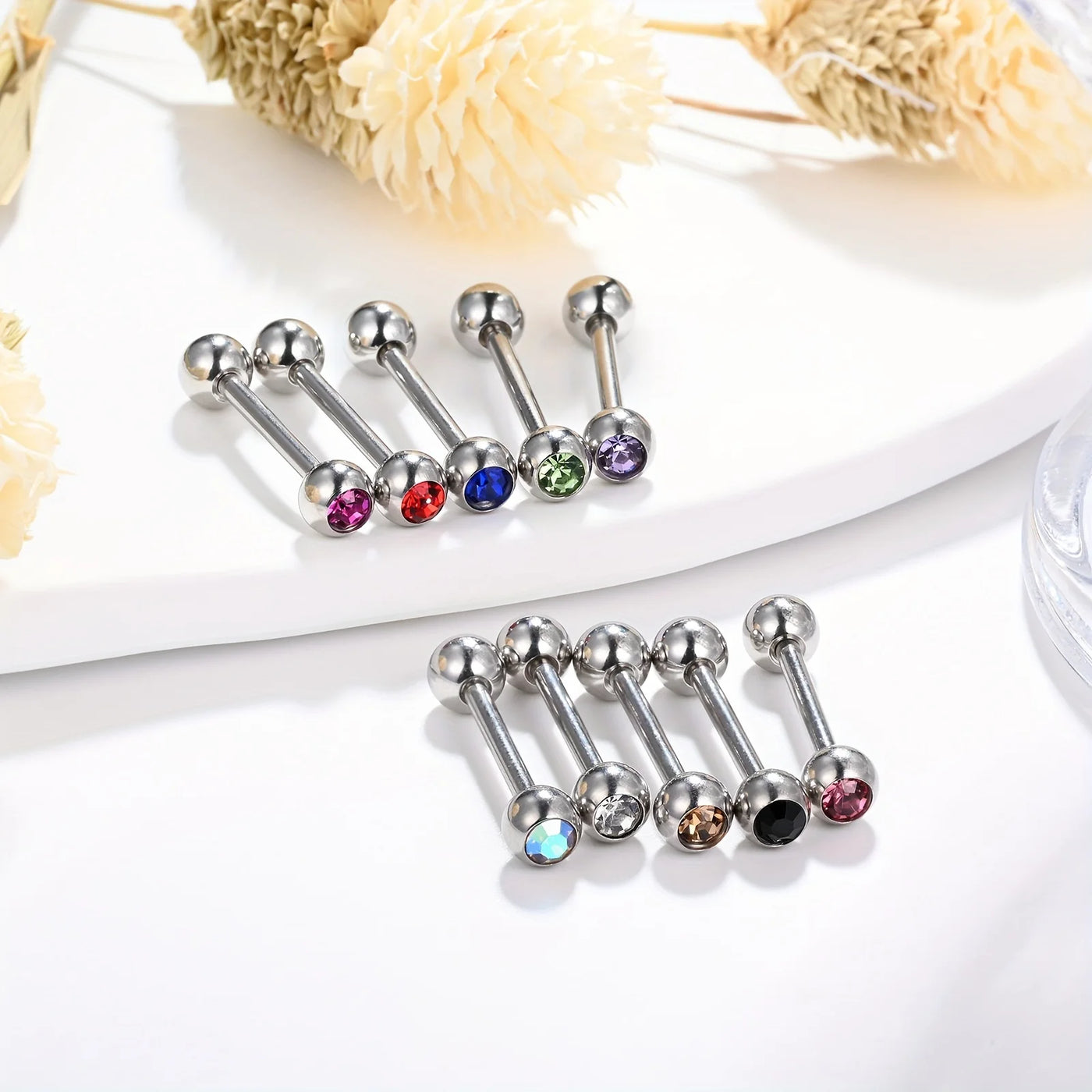 10 Pack 16mm Stainless Steel Tongue Bars with Mixed Colour Crystals - Truly Yours