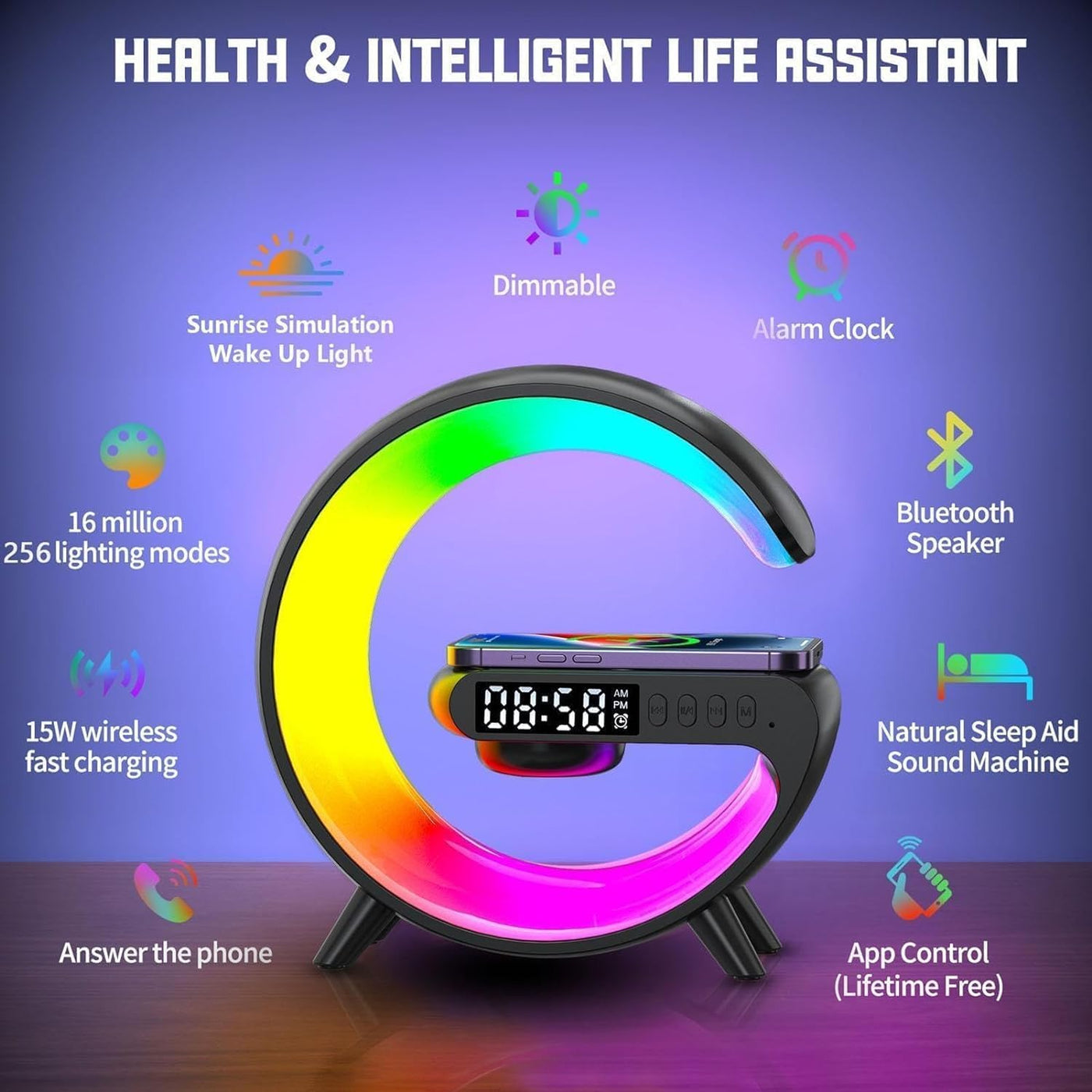 Multi-functional RGB Light with Wireless Charging, Alarm Clock, and Speaker Led light