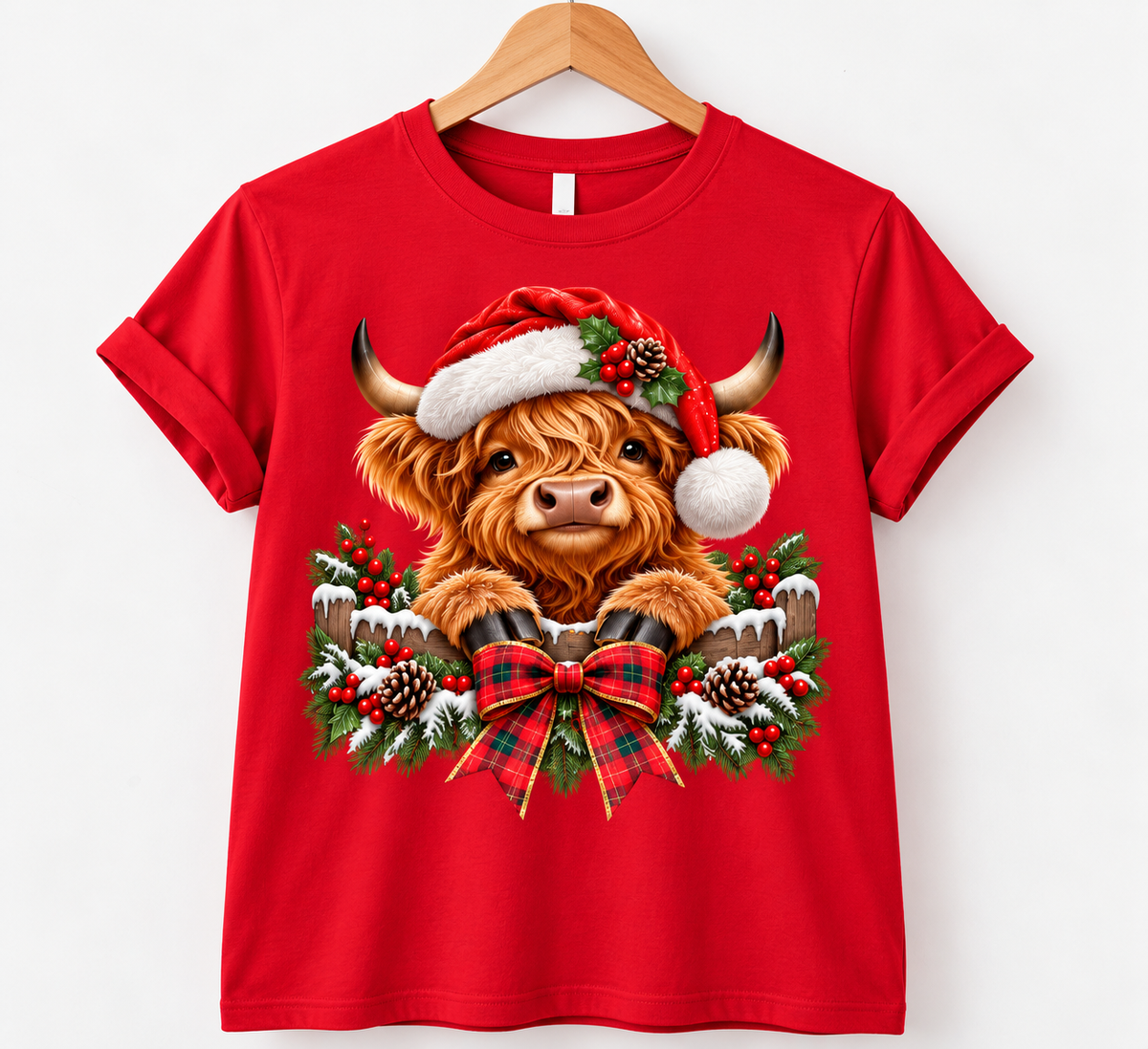 Unisex Christmas Highland Cow Santa Hat T-Shirt