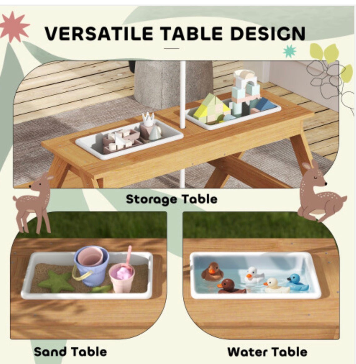 Wooden Kids Picnic Table/ Sand and Water Table with Parasol - Truly Yours
