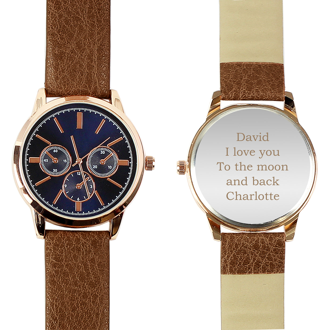 Personalised Mens Rose Gold Tone Watch with Brown Strap and Presentation Box - Truly Yours