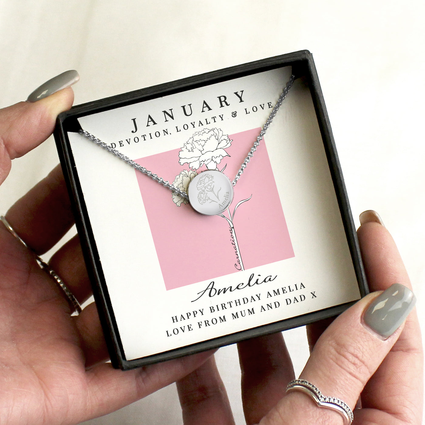 Personalised January Birth Flower Necklace and Box - Truly Yours
