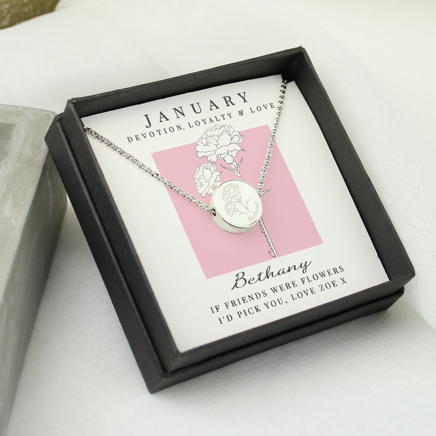Personalised January Birth Flower Necklace and Box - Truly Yours