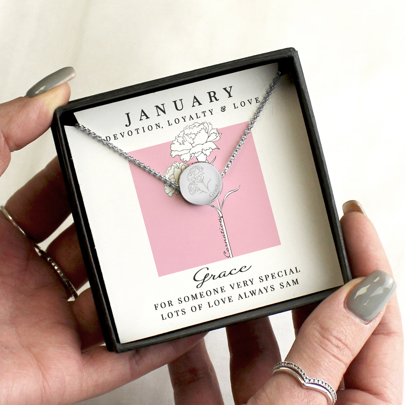 Personalised January Birth Flower Necklace and Box - Truly Yours