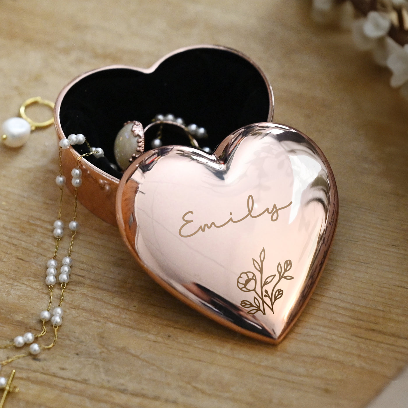 Personalised Floral Rose Gold Heart Trinket Box - Truly Yours