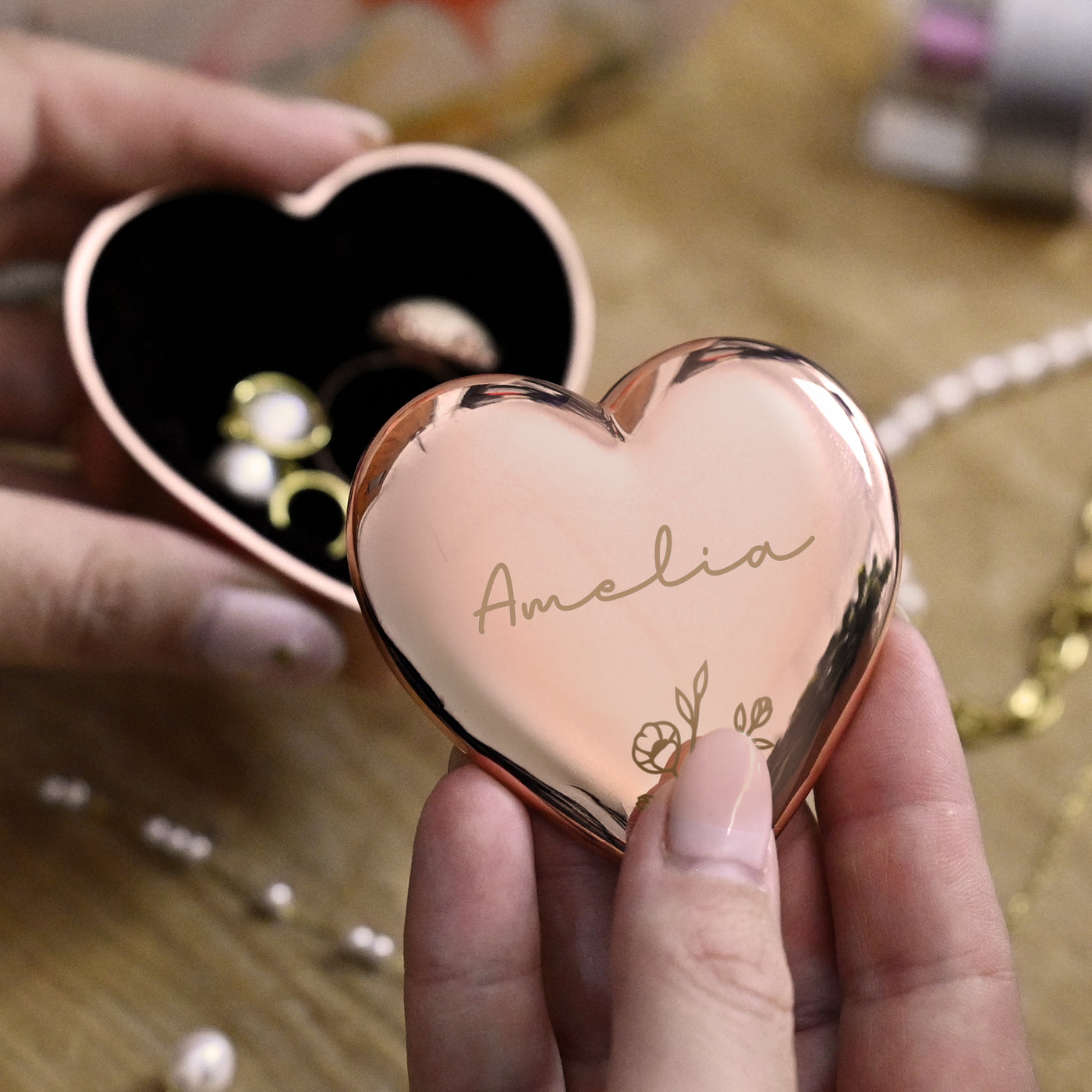 Personalised Floral Rose Gold Heart Trinket Box - Truly Yours