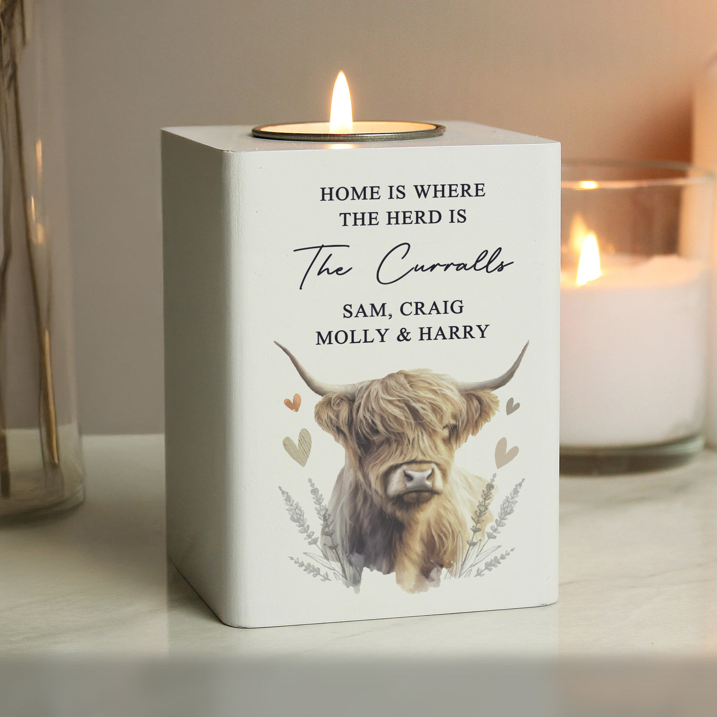 Personalised Highland Cow Wooden Tealight Holder - Truly Yours