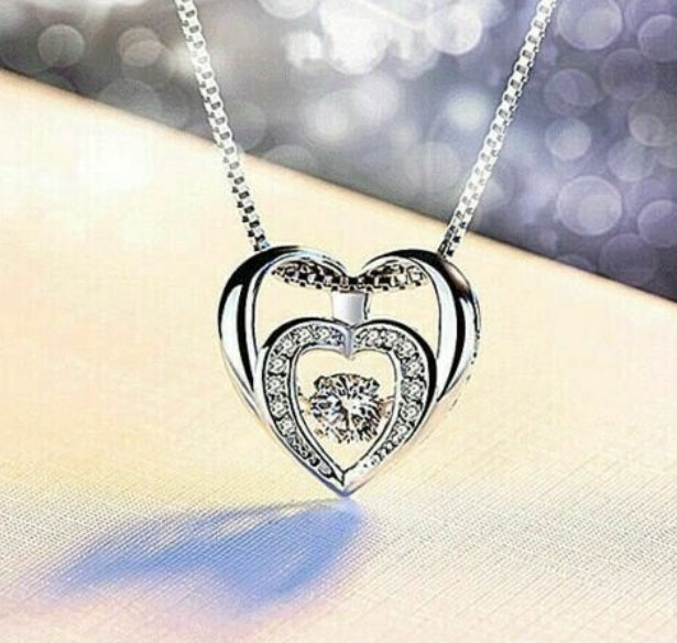 925 Sterling Silver Double Heart Crystal Pendant – Silver Fine Link Chain - Truly Yours
