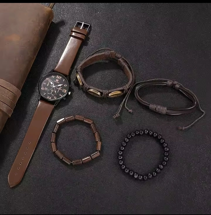 Men’s Fashion Watch & Bracelet 5-Piece Gift Set – Classic Black Dial with Leather Strap - Truly Yours