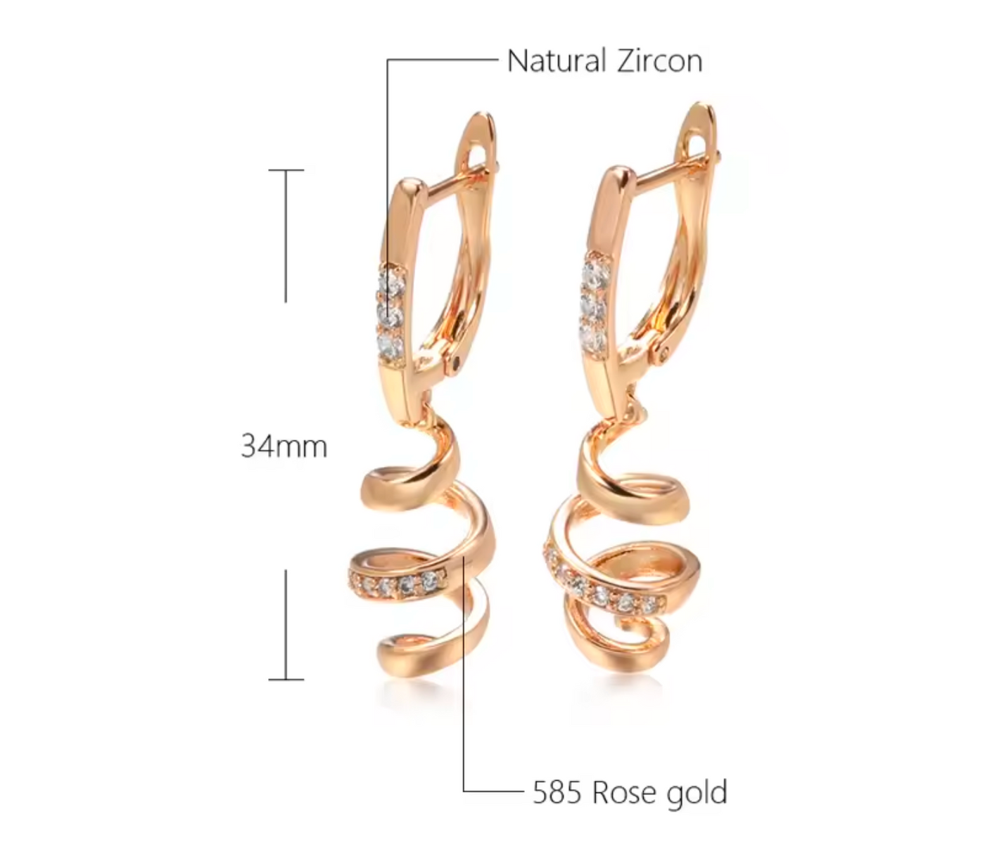 585 Rose Gold Spiral Drop Earrings with Natural Zircon Accents - Truly Yours