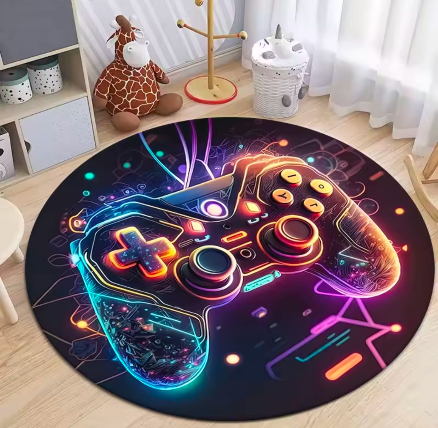 Neon Gamepad Printed Round Carpet - Soft & Comfortable Gaming Mat Rug