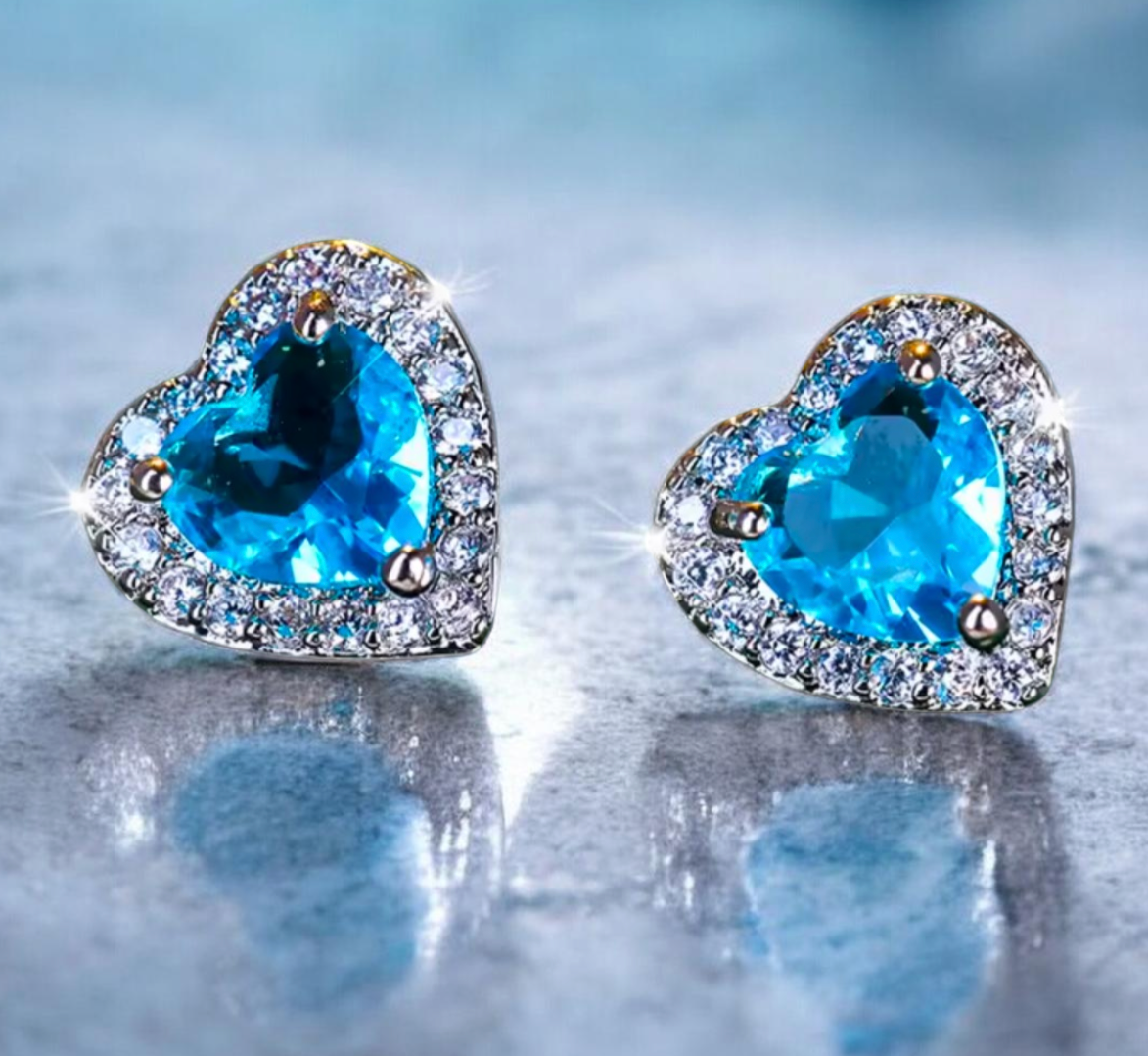 Sparkling Heart-Shaped Blue Cubic Zirconia Halo Stud Earrings - Truly Yours