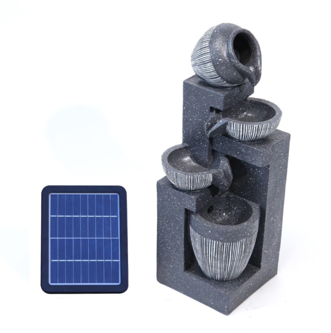 Solar-Powered Outdoor Cascading LED Tiered Water Fountain for Garden - Black Resin, 51 cm High Water feature