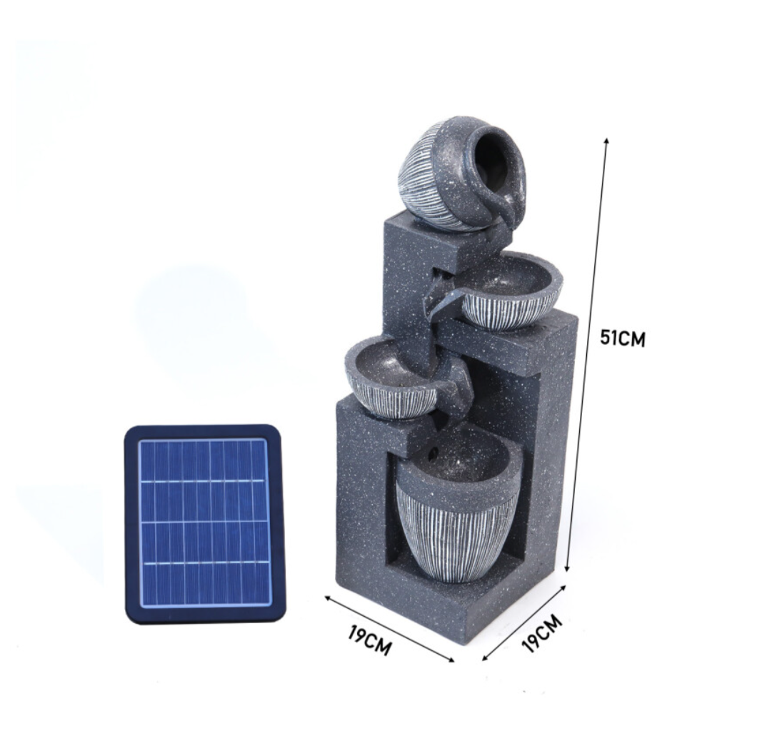 Solar-Powered Outdoor Cascading LED Tiered Water Fountain for Garden - Black Resin, 51 cm High Water feature