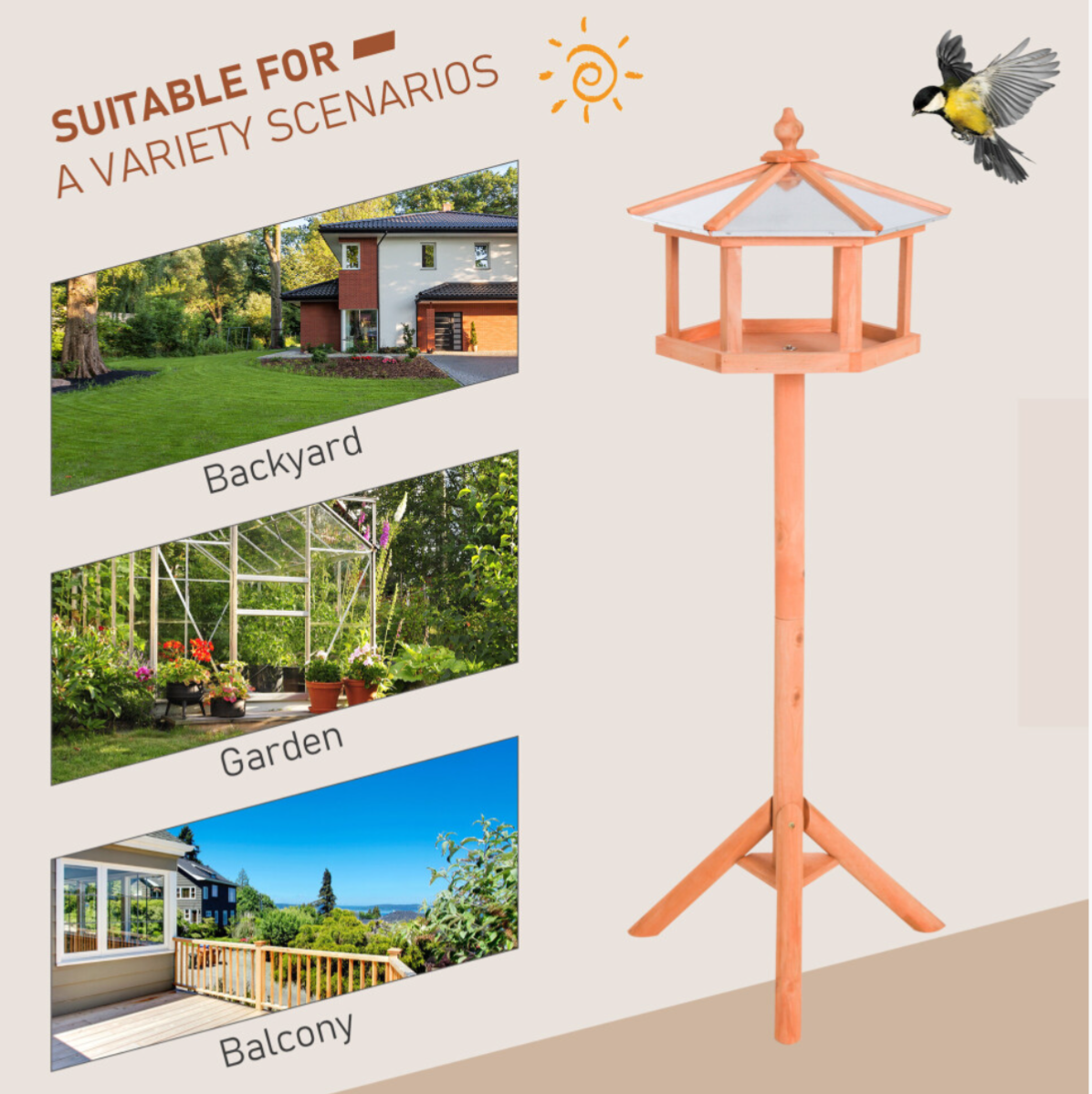 PawHut Wooden Bird Table Free Standing Feeder Garden and Backyard Station - Truly Yours