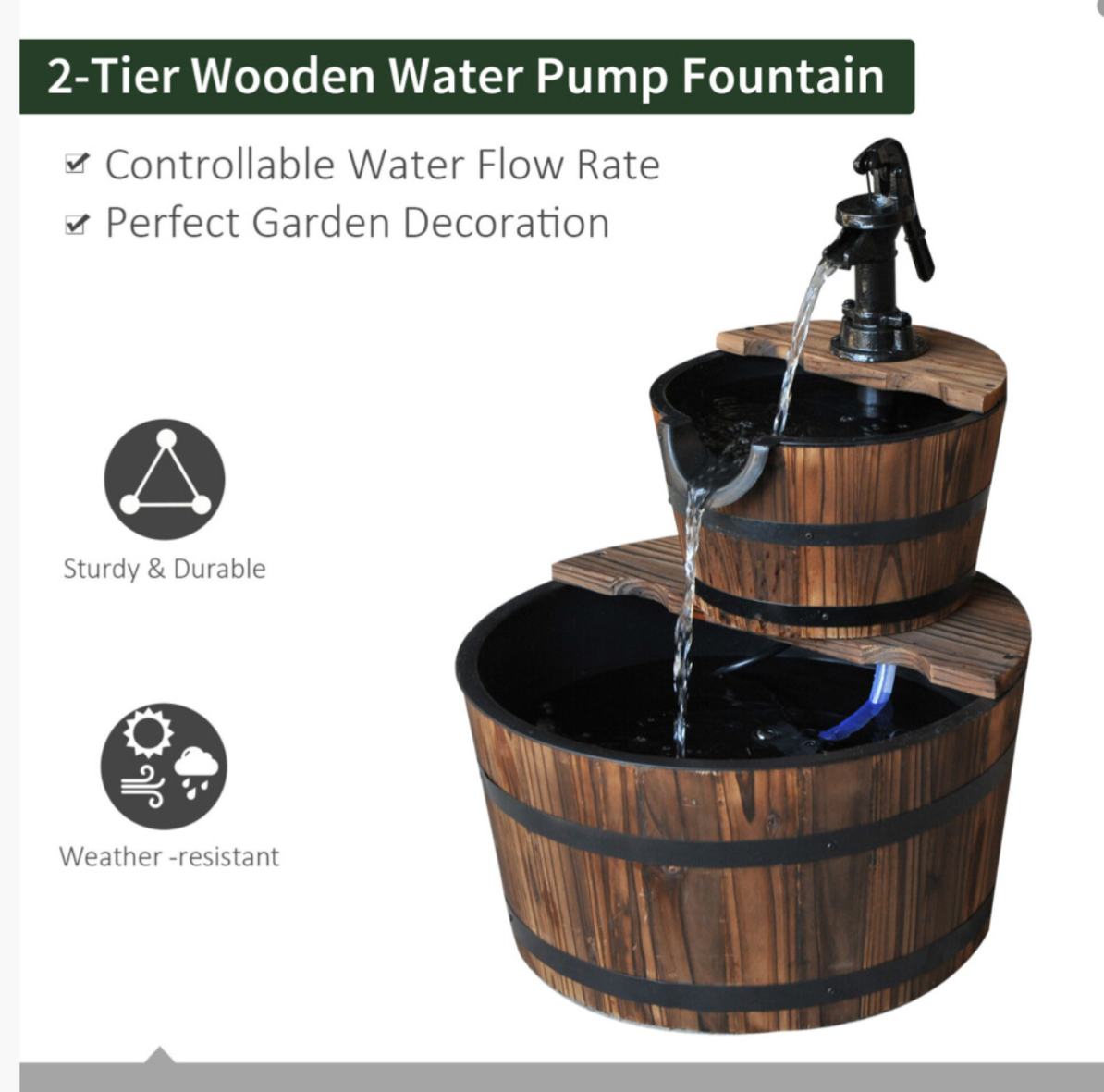 Wooden Water Pump Fountain 2 Tier Cascading Feature Garden Deck - Truly Yours