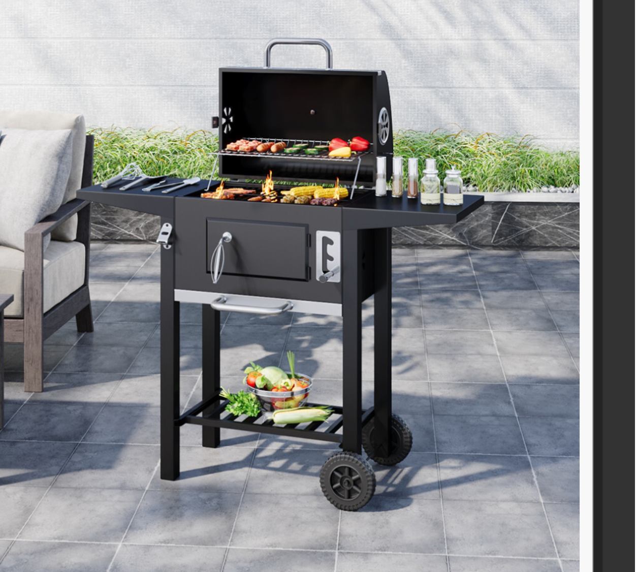 Garden Outdoor Charcoal BBQ Grill with Lid Cover Wheels and Side Tables - Truly Yours