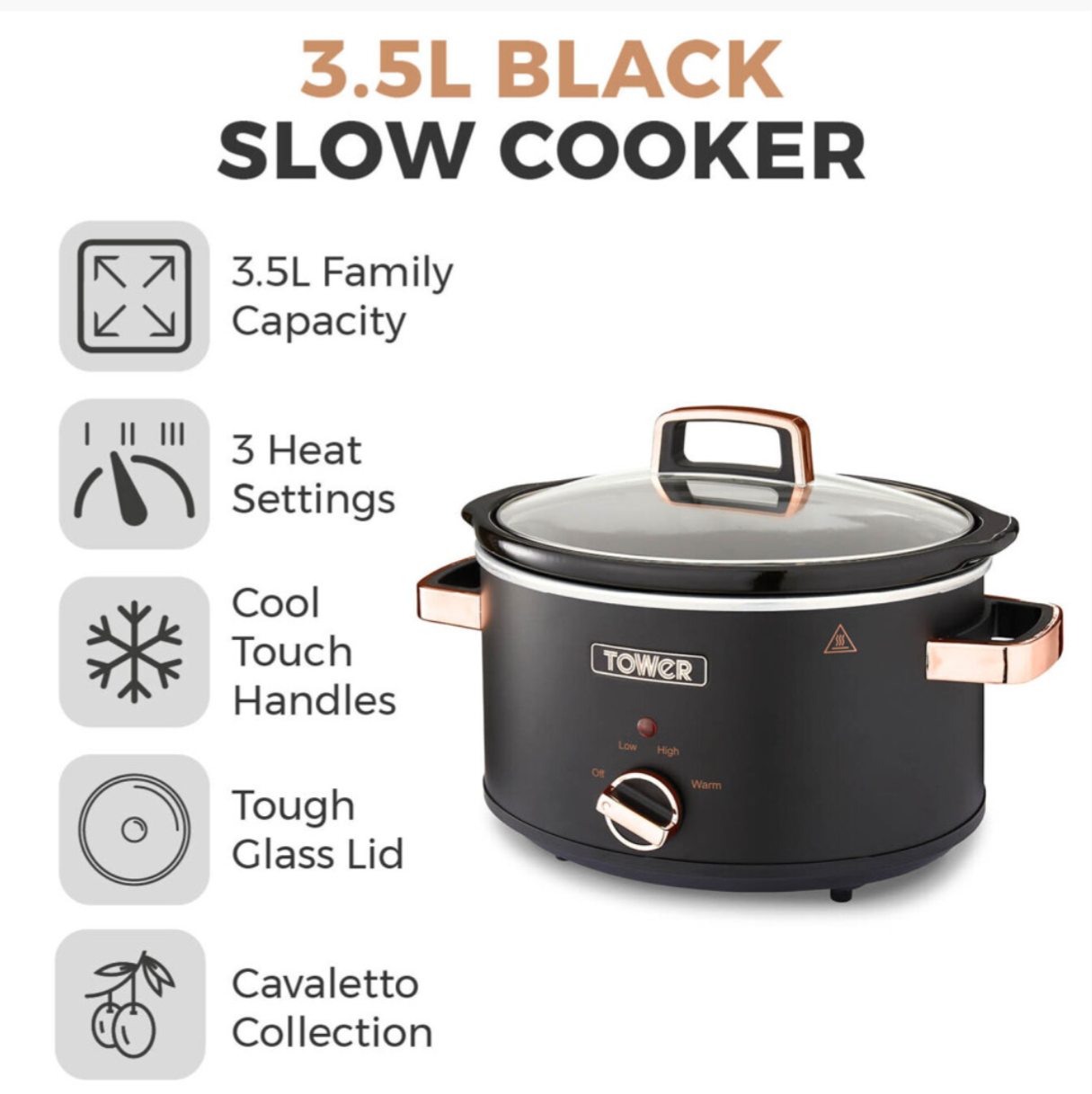Tower T16042BLK Cavaletto 3.5L Slow Cooker Black and Gold Acents - Truly Yours