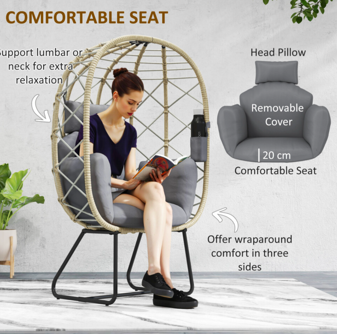 Rattan Garden Egg Chair with Thickened Cushion, Headrest, Grey - Truly Yours