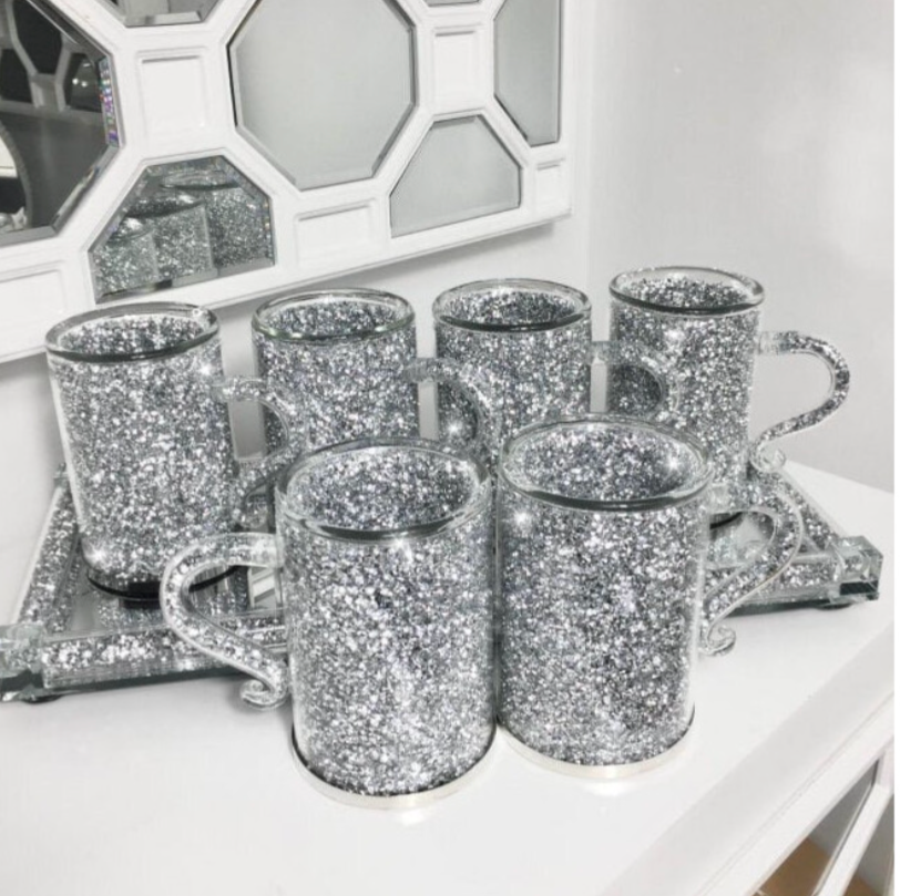 Crushed Diamond Crystal-Filled Mugs, Set of 6 - Silver Glass Encased Coffee Cups (300ml) - Truly Yours