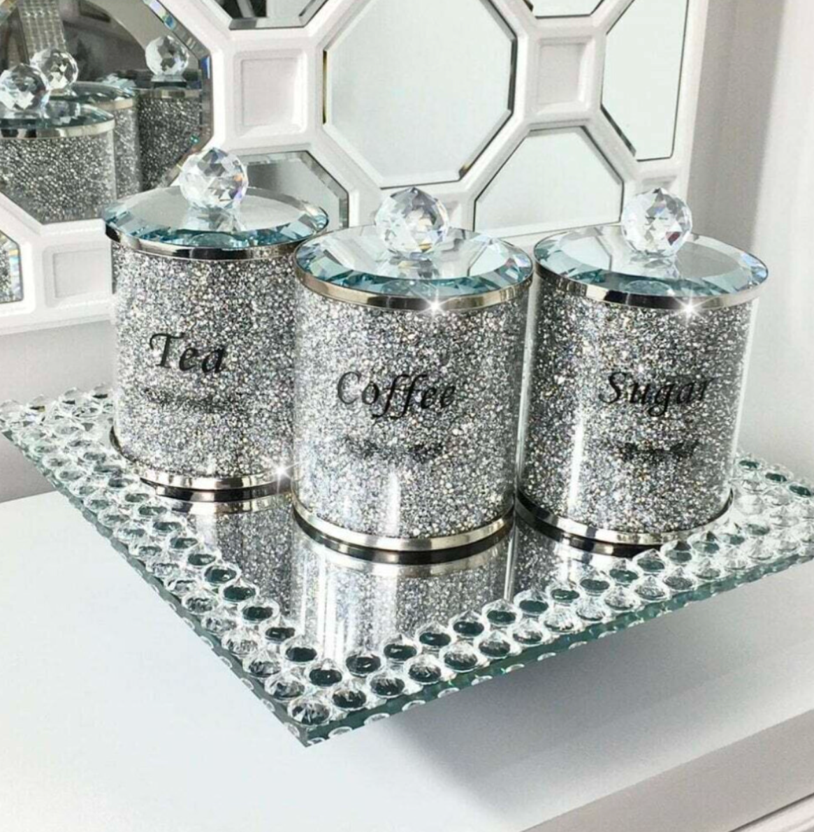 Silver Crushed Diamond Crystal-Filled Glass Canister Set for Tea, Coffee & Sugar - Truly Yours