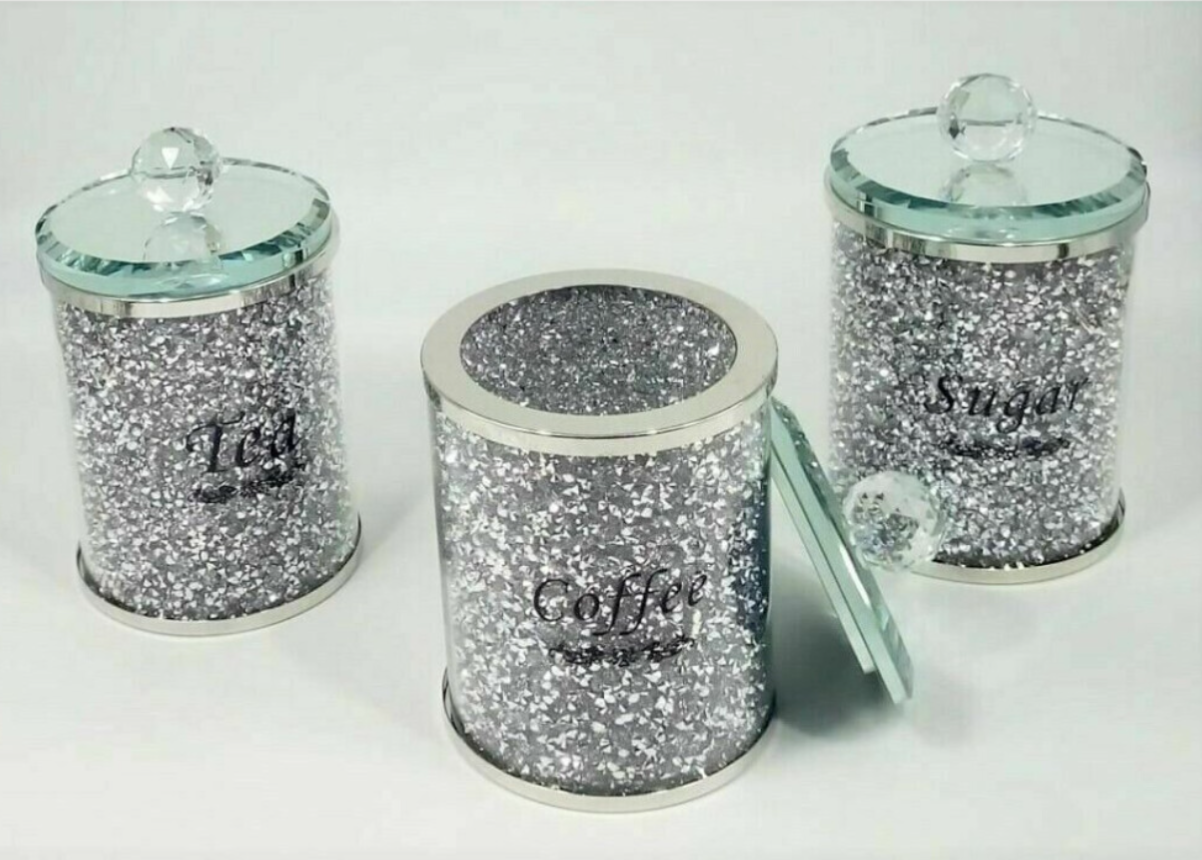 Silver Crushed Diamond Crystal-Filled Glass Canister Set for Tea, Coffee & Sugar - Truly Yours