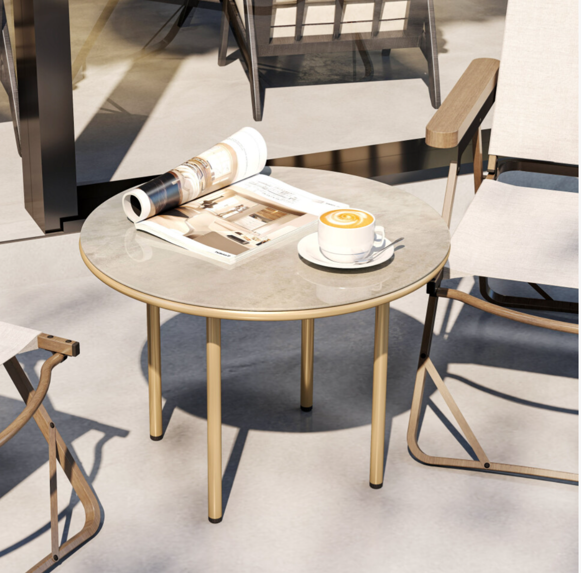 Round Small Garden Table with Faux Marble Glass Top, Beige - Truly Yours