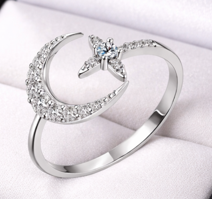 Celestial Moon & Star Moissanite Ring – 925 Sterling Silver - Truly Yours