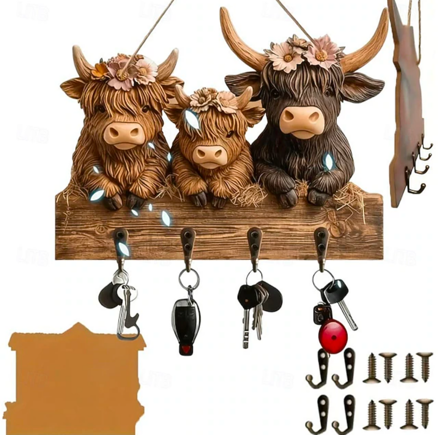 Rustic Highland Cow Wooden Family Key Holder Hanging Ornament with 4 Hooks, Wall Mount Bullhead Animal Key Hooks Coat Hanger Decorative Rack Three Adorable Cows Alloy Calf for Entryway Hallway - Truly Yours