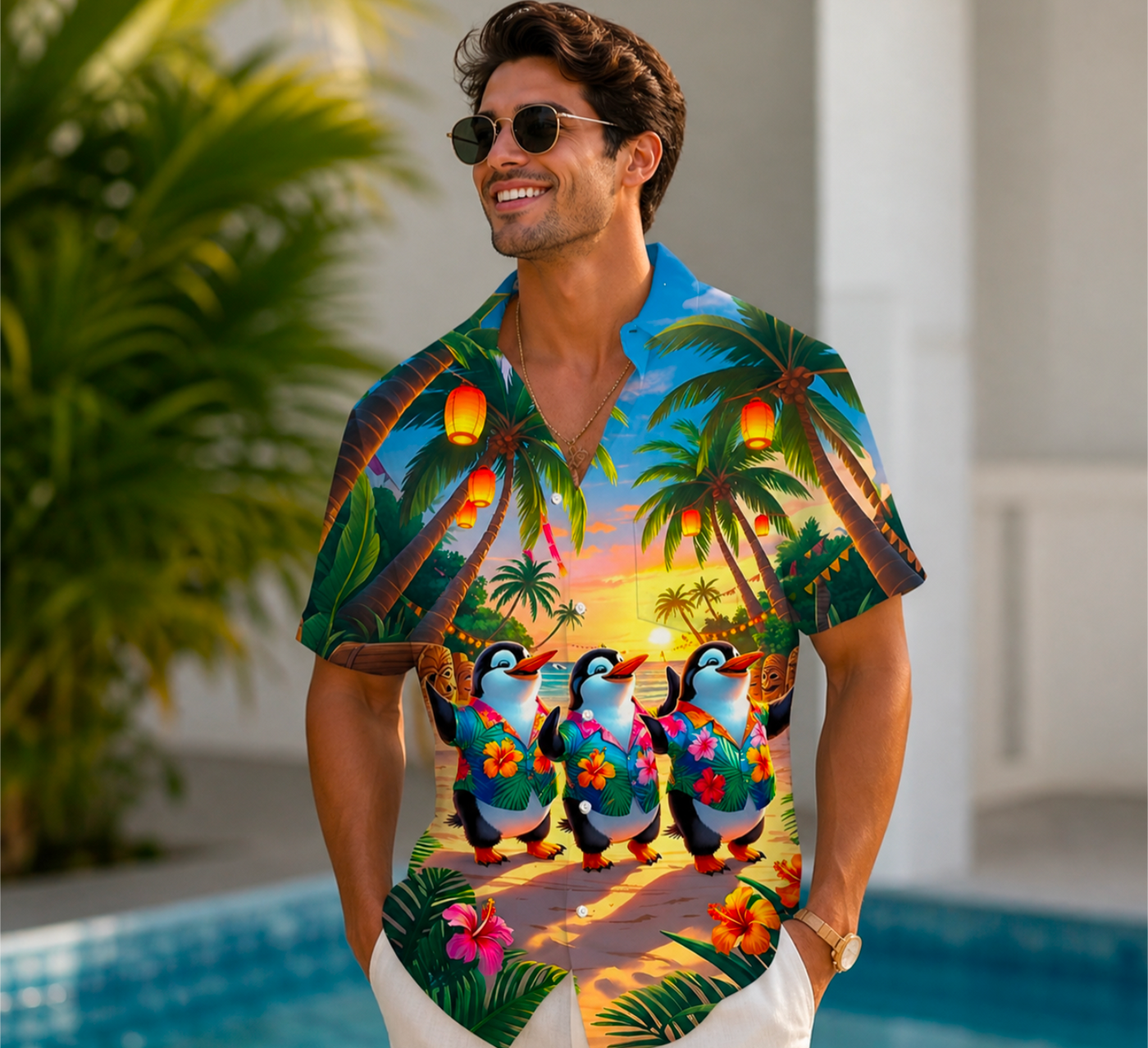Tropical Penguin Sunset Hawaiian Shirt – Men’s Summer Holiday Beach Shirt - Truly Yours