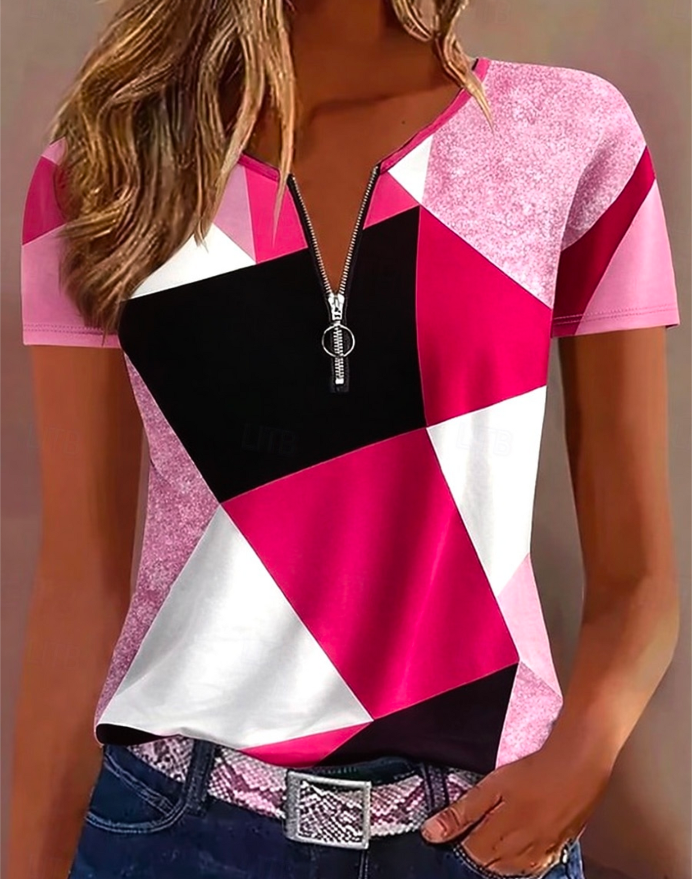 Geometric Zip Neck Colour Block Top – Pink & Black - Truly Yours