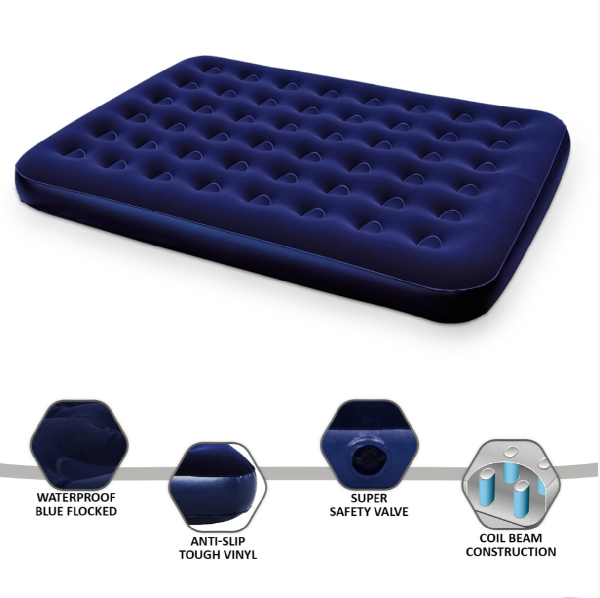 Queen Size Flocked Air Bed Mattress – Inflatable Comfort Bed 203 x 152cm Navy Blue - Truly Yours