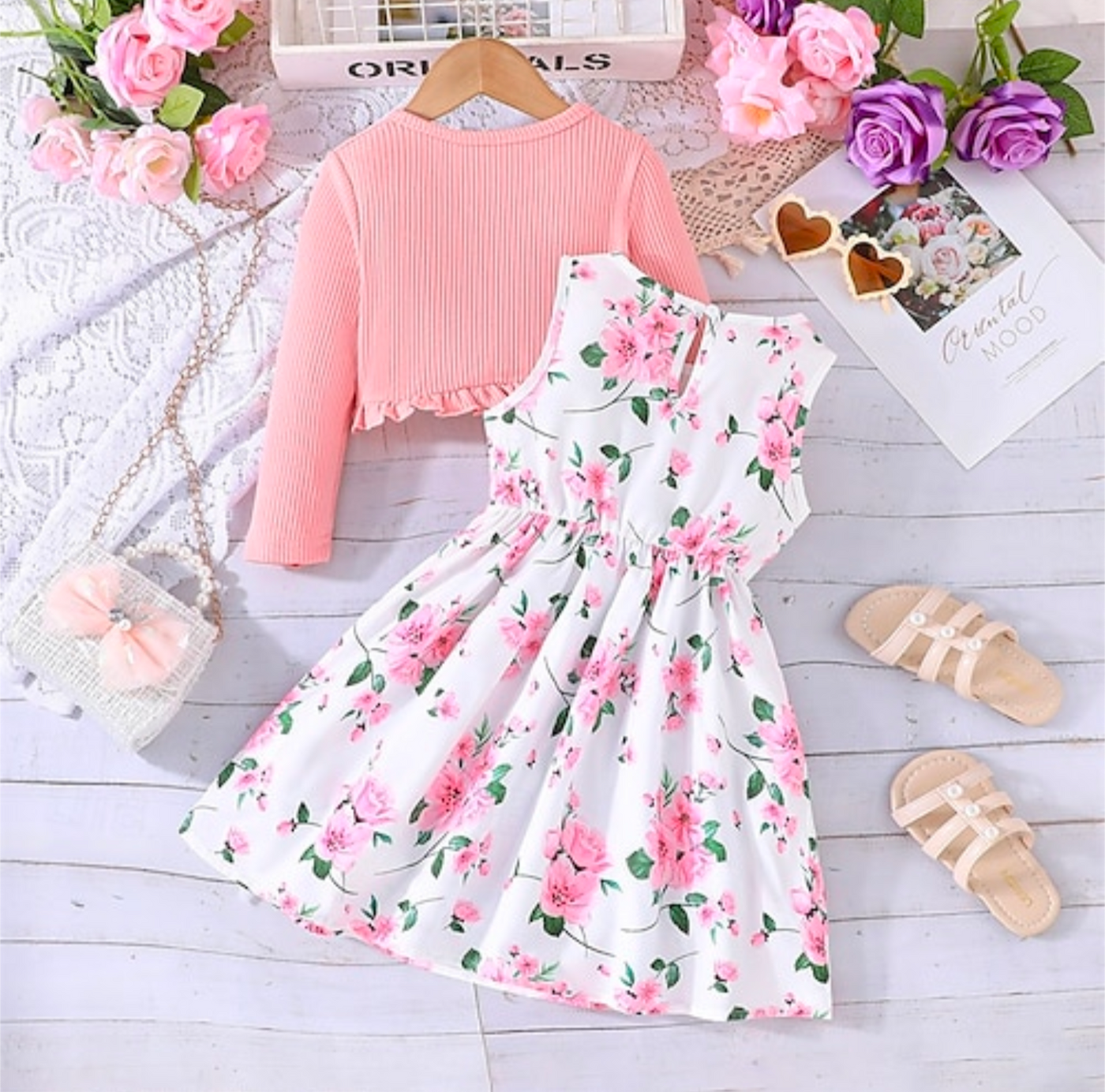 Girls Floral Bow Dress & Frill Cardigan 2 Piece Set - Truly Yours