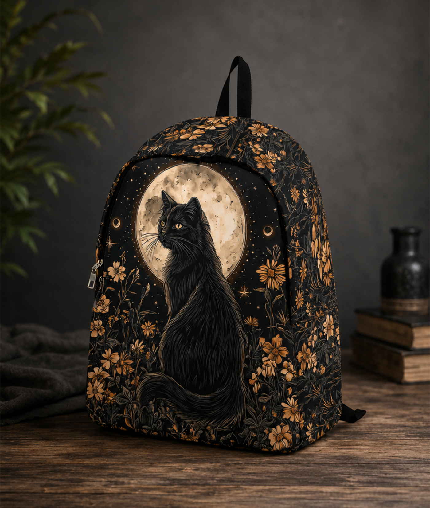 Midnight Moon Cat Backpack – Gothic Floral Black Rucksack - Truly Yours
