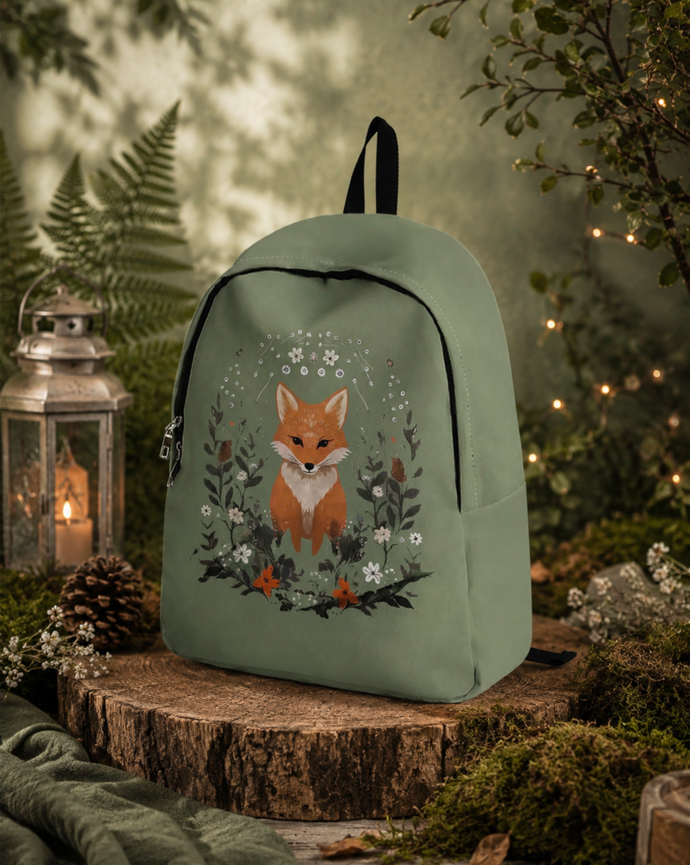 Woodland Fox Backpack – Sage Green Nature Print Rucksack - Truly Yours