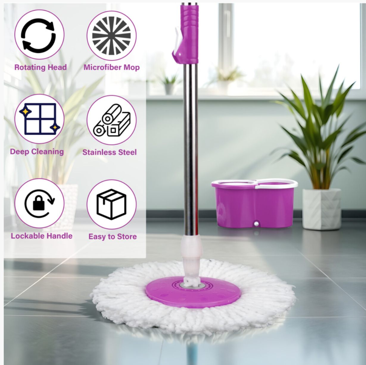 Purple 360° Spin Mop & Bucket Set – Magic Floor Cleaning System with Spin Dry Basket & 2 Microfiber Mop Heads - Truly Yours