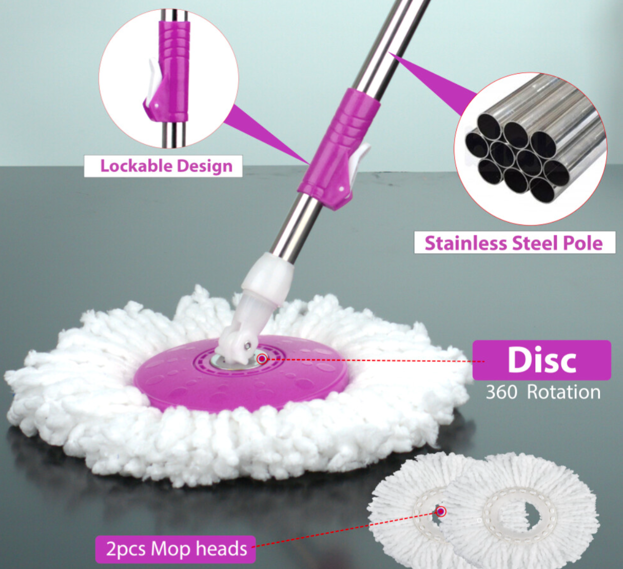 Purple 360° Spin Mop & Bucket Set – Magic Floor Cleaning System with Spin Dry Basket & 2 Microfiber Mop Heads - Truly Yours