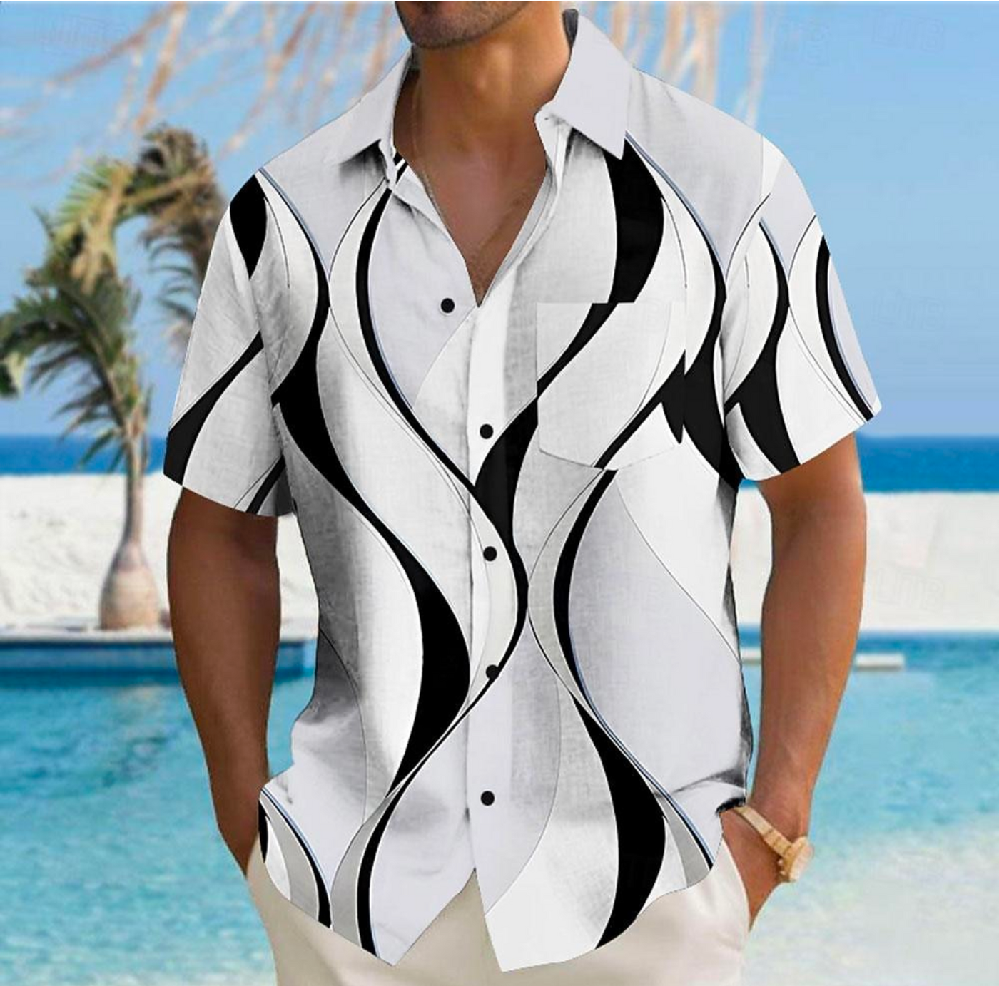 Men’s Black & White Abstract Print Short Sleeve Holiday Shirt - Truly Yours