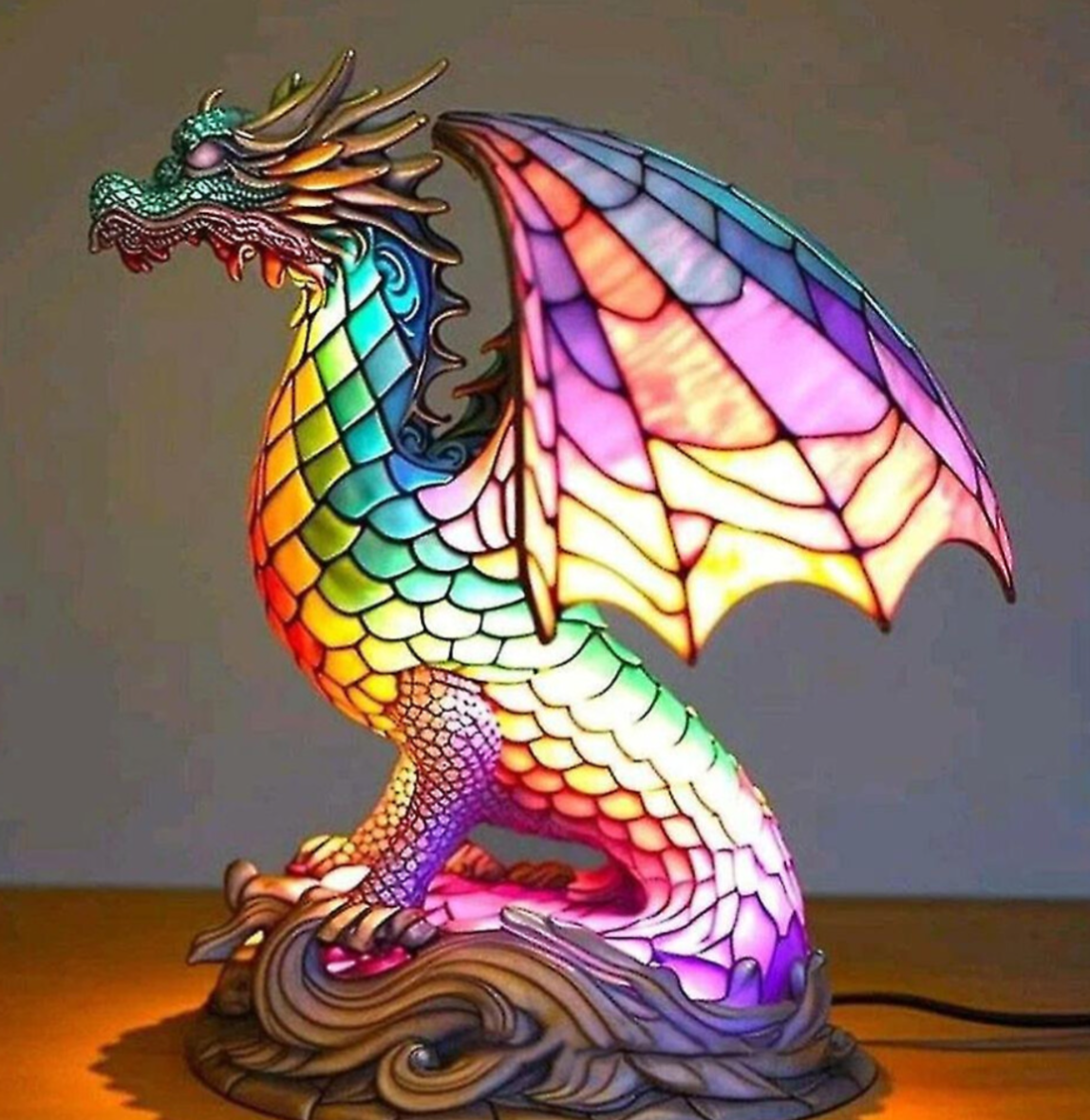 Rainbow Mosaic Dragon Tiffany Style Lamp – Colourful Stained Glass Effect Fantasy Table Light - Truly Yours