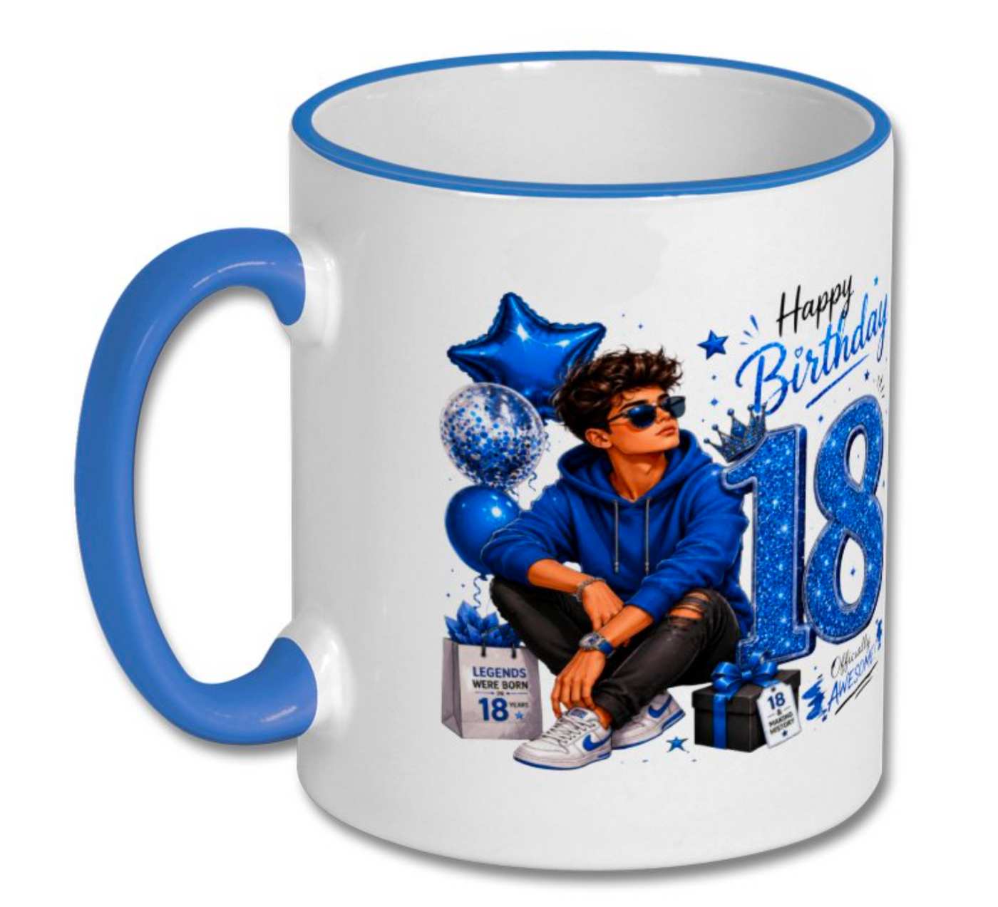 18th Birthday Blue Glitter Mug – Cool Cartoon Boy Birthday Coffee Mug Gift - Truly Yours