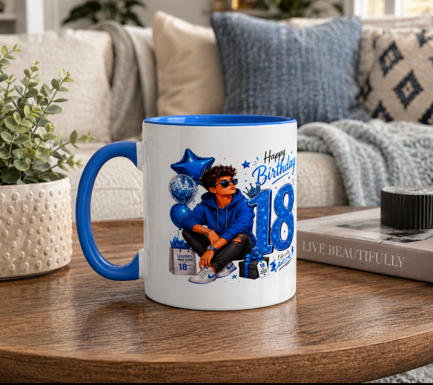 18th Birthday Blue Glitter Mug – Cool Cartoon Boy Birthday Coffee Mug Gift - Truly Yours