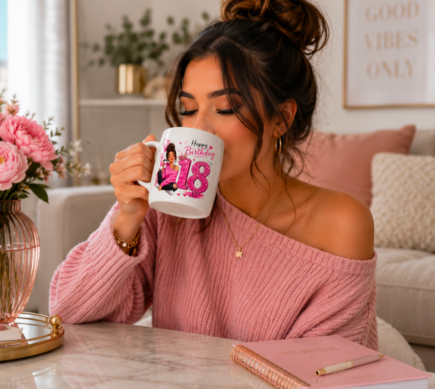 Happy 18th or 21st Birthday Glitter Pink Mug – Cute Girly Birthday Coffee Cup Gift for Her - Truly Yours