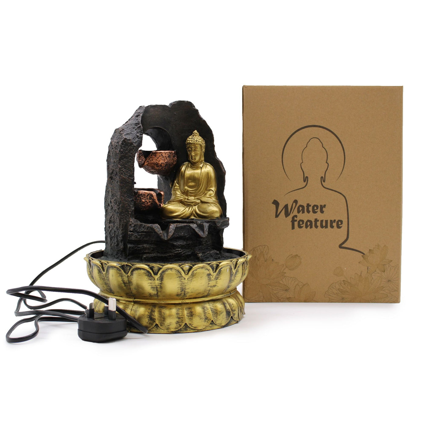 Tabletop Water Feature - 30cm - Golden Meditating Buddha Tabletop Water Features