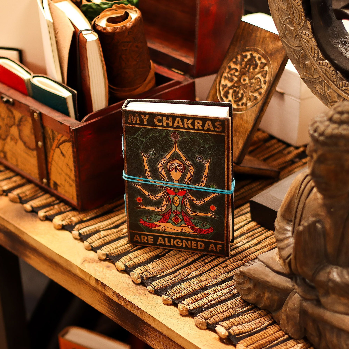 Leather Printed Notebook – My Chakras Are Aligned AF - 17.8×12.7 cm Leather Notebooks – Vintage Style Journals