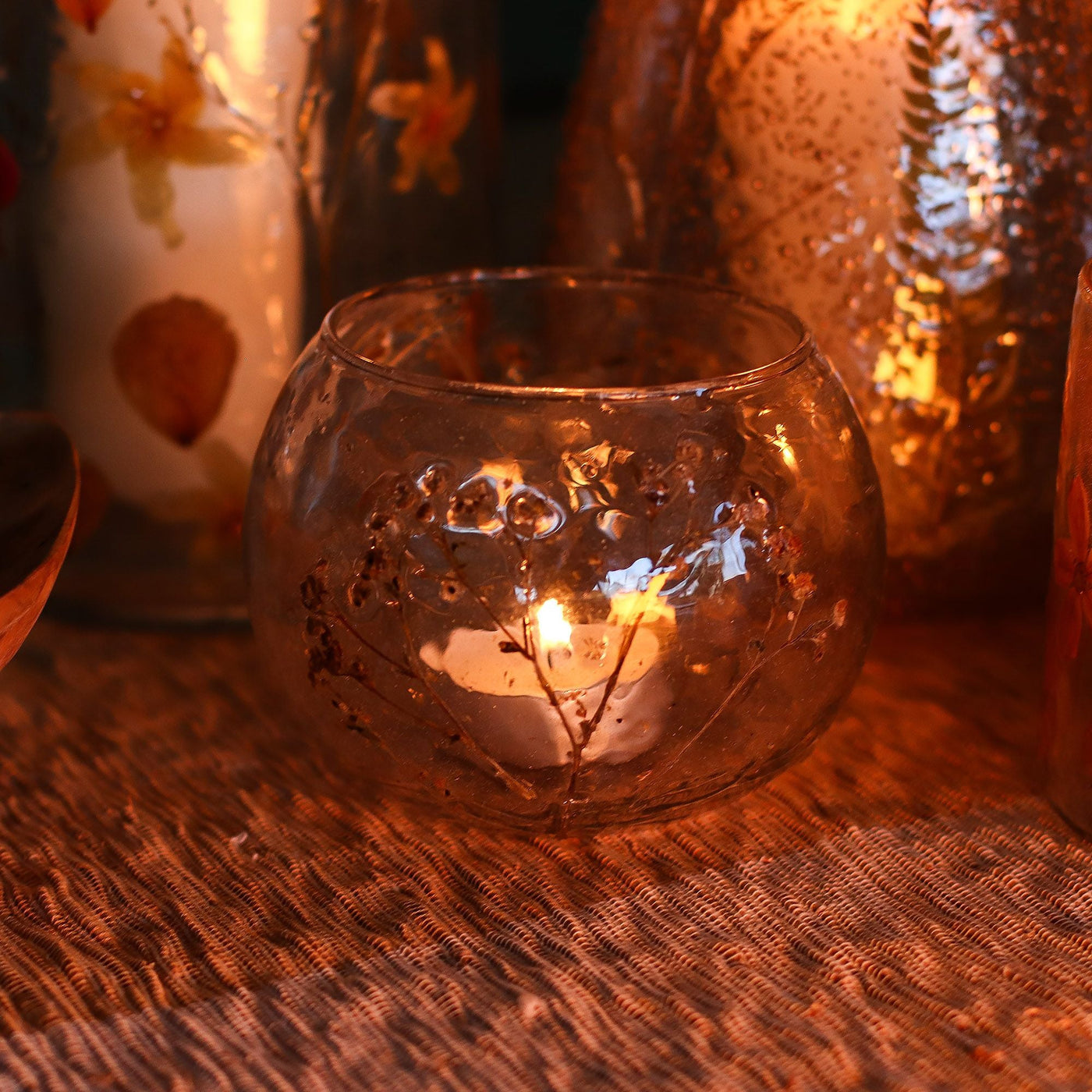 Natural Floral Glass - Bowl Candle Holder - Margarita - (8x10cm) Natural Floral Glass Candle Holders
