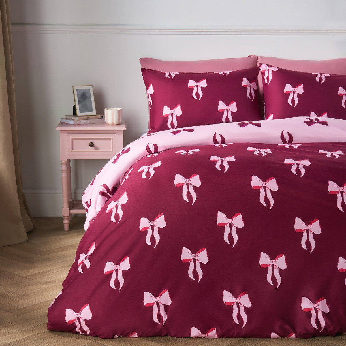 Bow Print Reversible Duvet Cover Set - Burgundy/Pink - Truly Yours