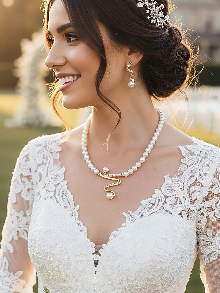 Elegant Pearl Snake Necklace & Earrings Set – Gold Luxury Statement Jewellery - Truly Yours