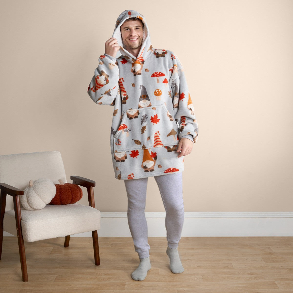 Unisex Autumn Gonk Print Hoodie Blanket - Grey Hoodie blanket