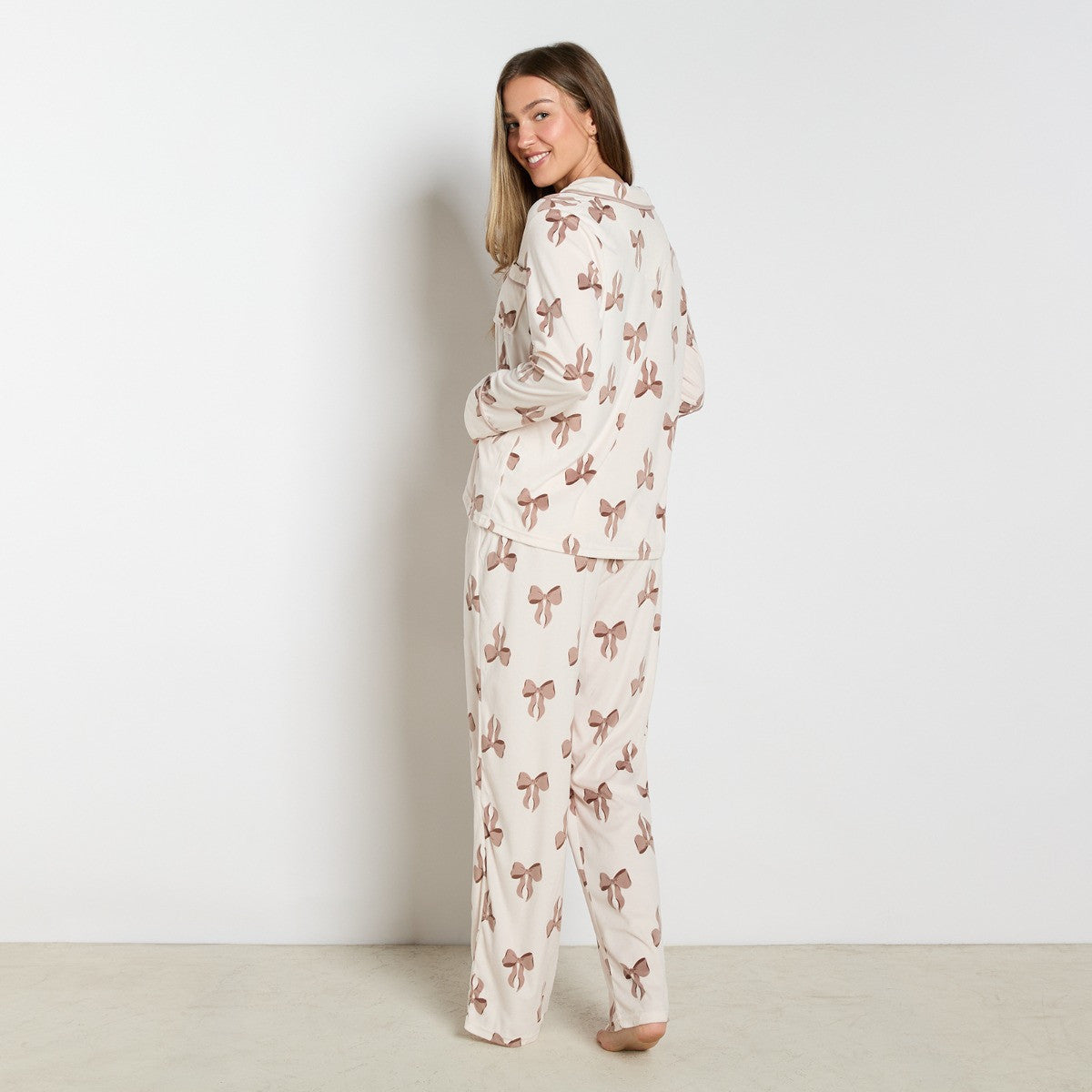 Bow Print Button Through Pyjama Set - Cream - Truly Yours