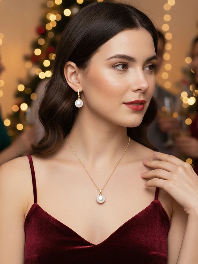 Women's Faux Pearl Necklace and Earring Set with Gold Accents - Truly Yours